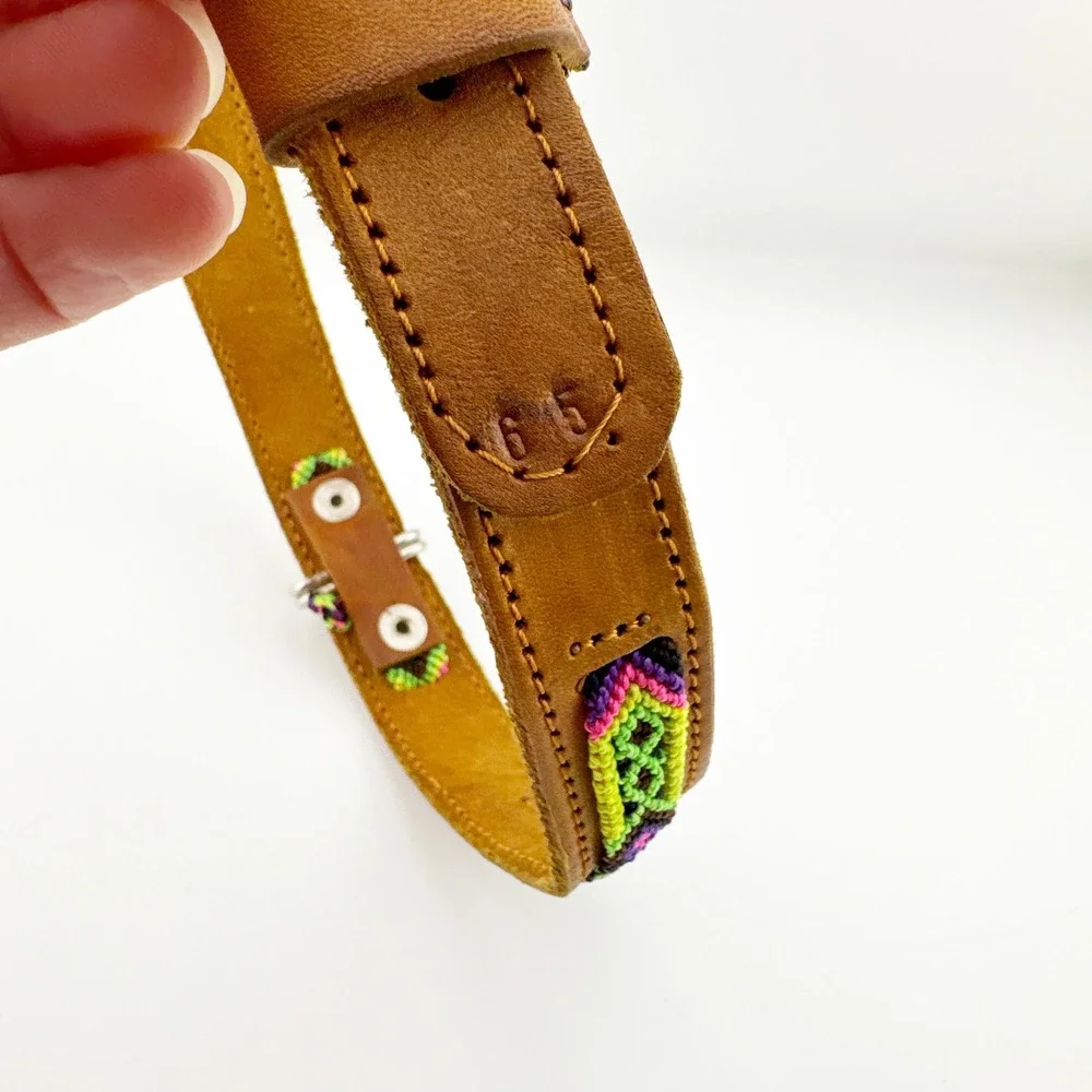 Genuine Leather Dog Collar‎ Woven Aztec Pattern Adjustable Metal Buckle D Ring